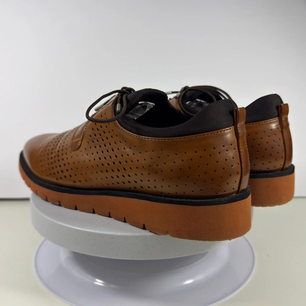 TAYNO Men 10 Cognac Perforated Oxford Vegan Leather Casual Dress Shoes